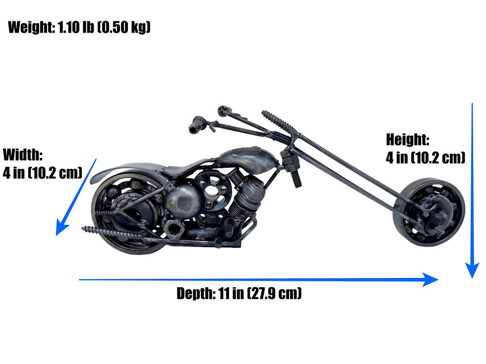 Side view of Liberty Longfork Chopper recycled metal chopper motorcycle sculpture on white background with dimensions shown.