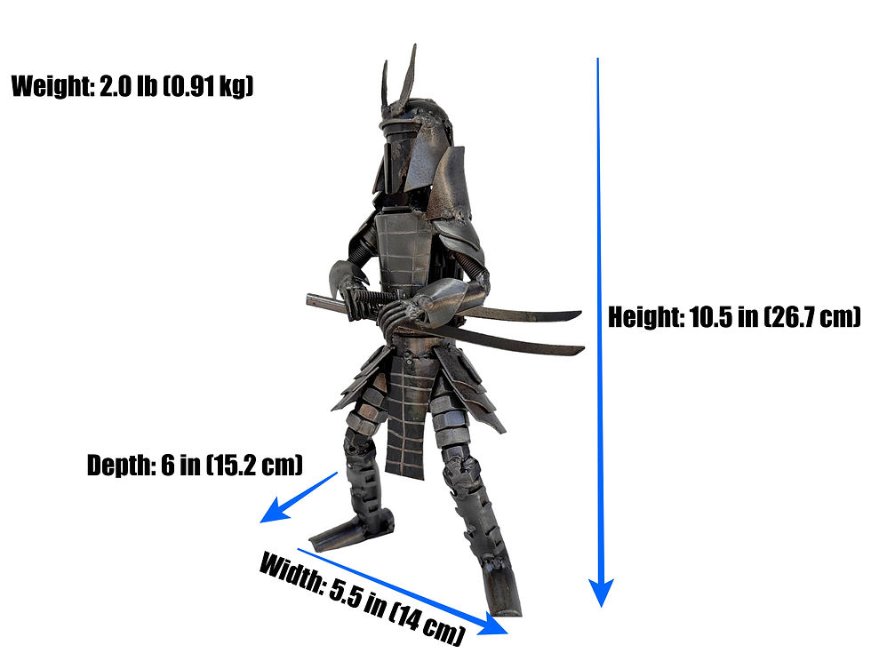 Recycled metal samurai statue holding sword in sheathing pose