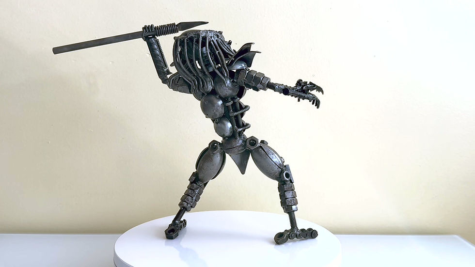 Thumbnail: 360-degree video of Tribal Hunter throwing spear inspired recycled metal sculpture, showcasing handcrafted details