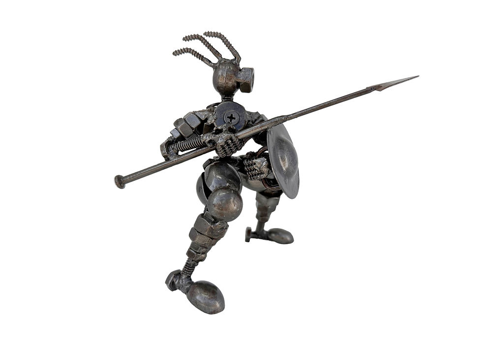 Handmade Iron Hoplite Sentinel Sculpture in battle stance holding spear and shield
