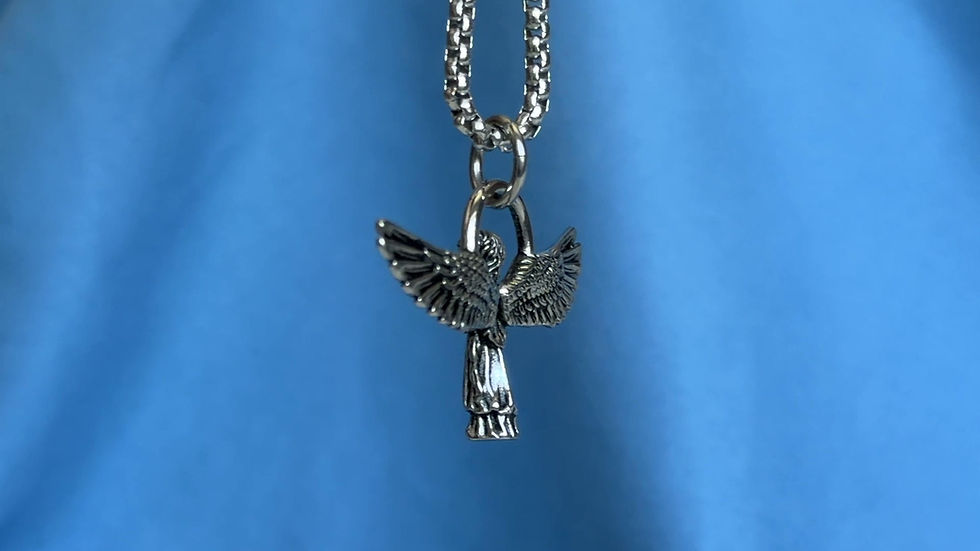 Thumbnail: Video of Guardian Angel Stainless Steel Necklace with silver-tone angel pendant, open wings, and praying hands.