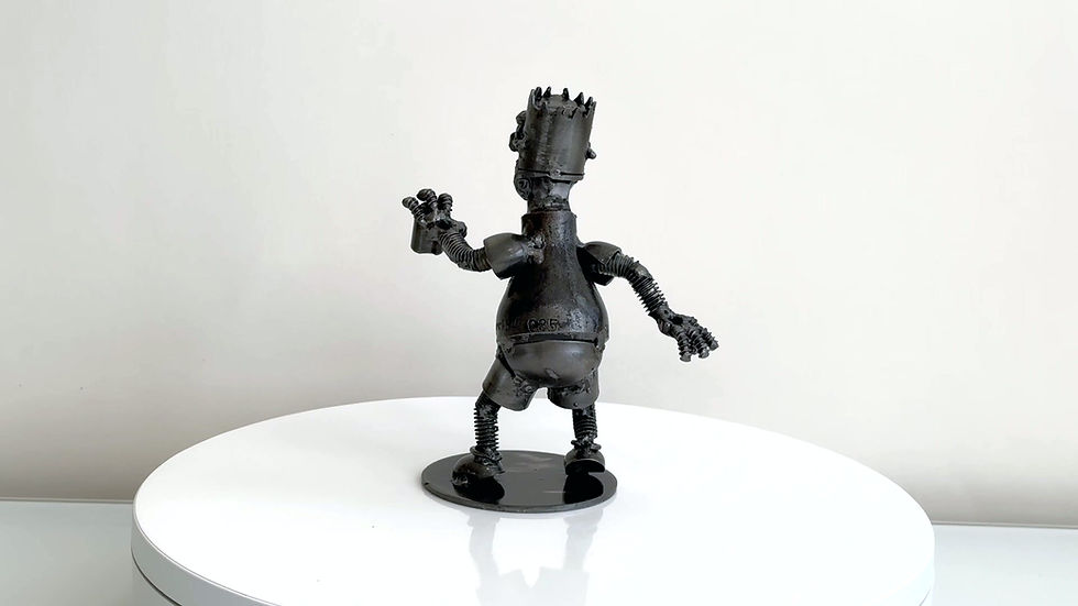 Thumbnail: 360° view of handmade Bart-Inspired Metal Sculpture, showing recycled steel details, paint spraying design