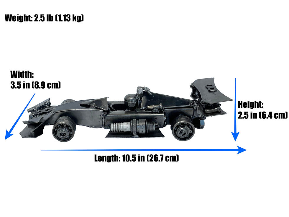 Side view of recycled metal Formula 1 racing car sculpture