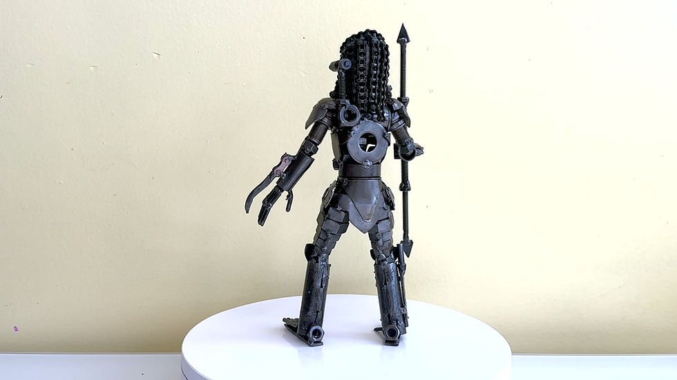 Thumbnail: 360-degree video of Predator inspired recycled metal sculpture in Ancient Hunter Spear Pose, showing spear details