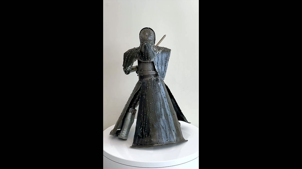 Thumbnail: 360-degree view of a Kylo Ren inspired recycled metal sculpture in a fighting pose, showing detailed armor, hood, and welded