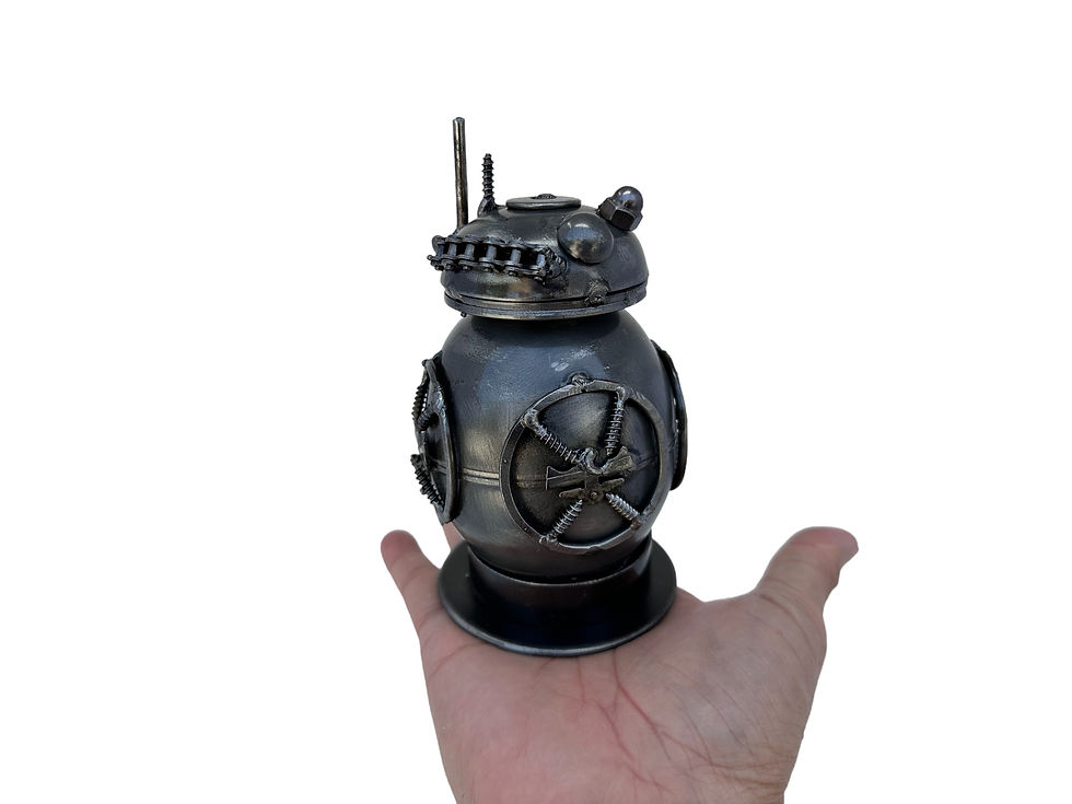 Thumbnail: Hand holding The Steel Droid sculpture to show scale.