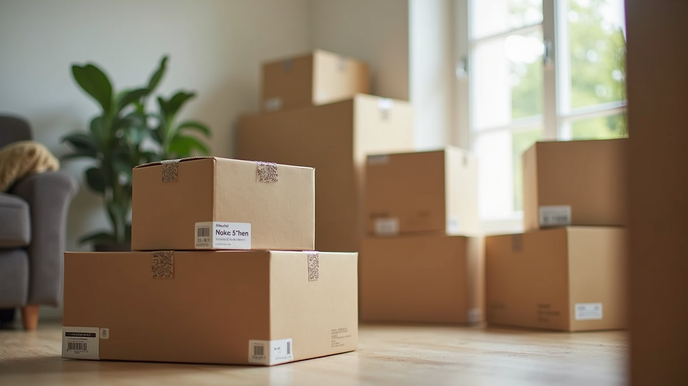 Close-up view of moving boxes stacked and labeled in a new home