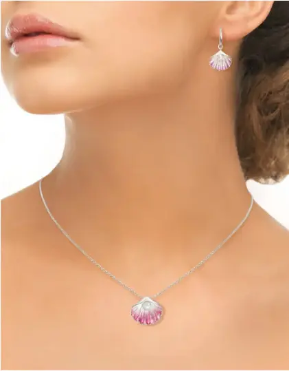 Thumbnail: Shell with Pearl Necklace in Blue or Pink Enamel