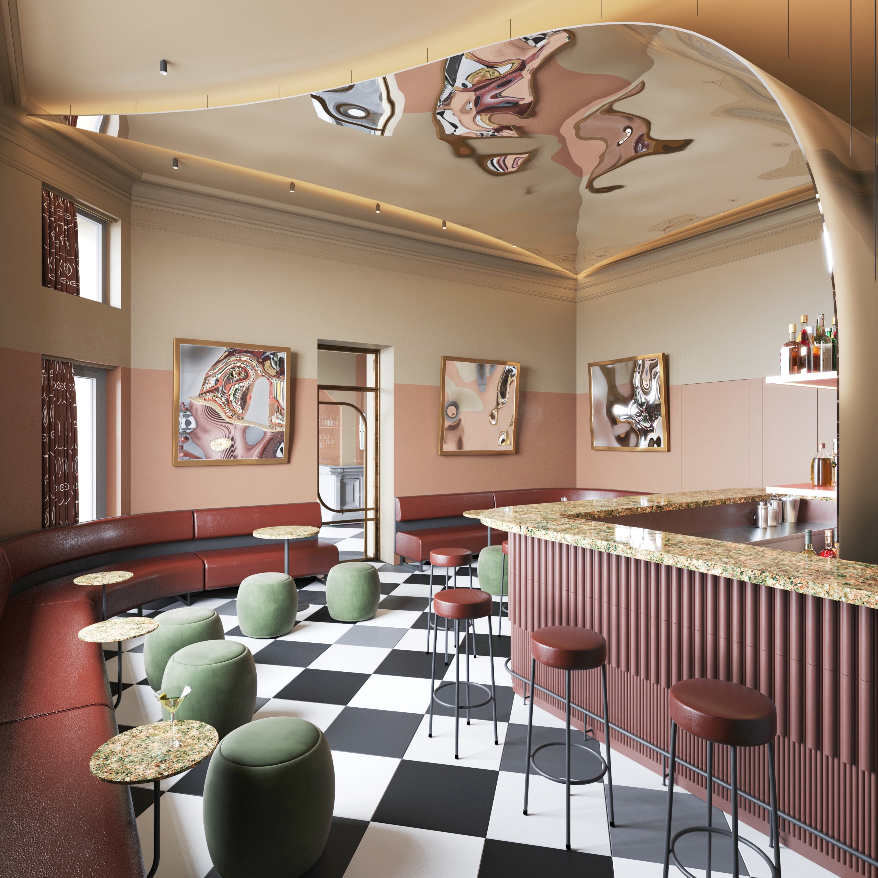 TAK Studio Ltd — Chic cherry-coloured chequred floor bar inspired by hall of mirrors