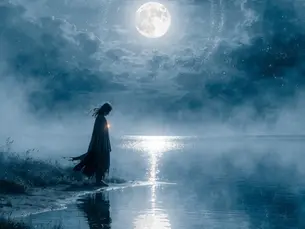 Silhouette de femme observant l'eau au clair de Lune un soir.