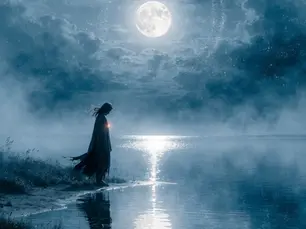 Silhouette de femme observant l'eau au clair de Lune un soir.