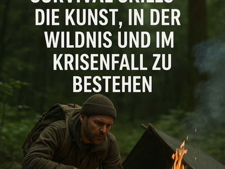 Mann kniet im Wald vor einem Lagerfeuer neben einem einfachen Shelter – Survival Skills – Die Kunst, in der Wildnis zu bestehen.