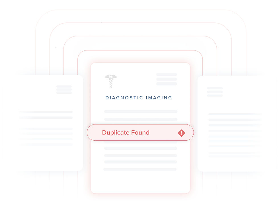 Diagnostic imaging document with caduceus icon is highlighted, showing "Duplicate Found" alert in red banner. Blurred documents in background.