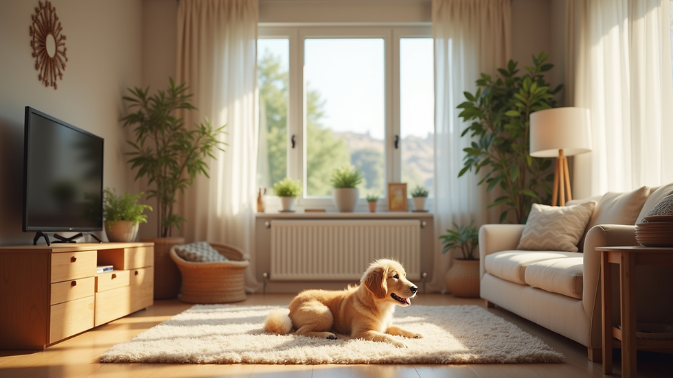 Eye-level view of a cozy living room with a child’s play area
