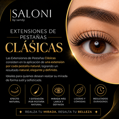 Extensiones de Pestañas Clásicas en SALONI Providencia con una extensión por cada pestaña natural para lograr una mirada elegante, definida y de apariencia natural.
