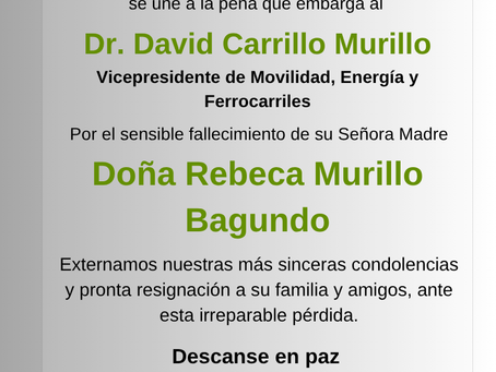 Desde la CNEC extendemos nuestras más sinceras condolencias al Dr. David Carrillo por el sensible fallecimiento de su Señora Madre, Doña Rebeca Murillo