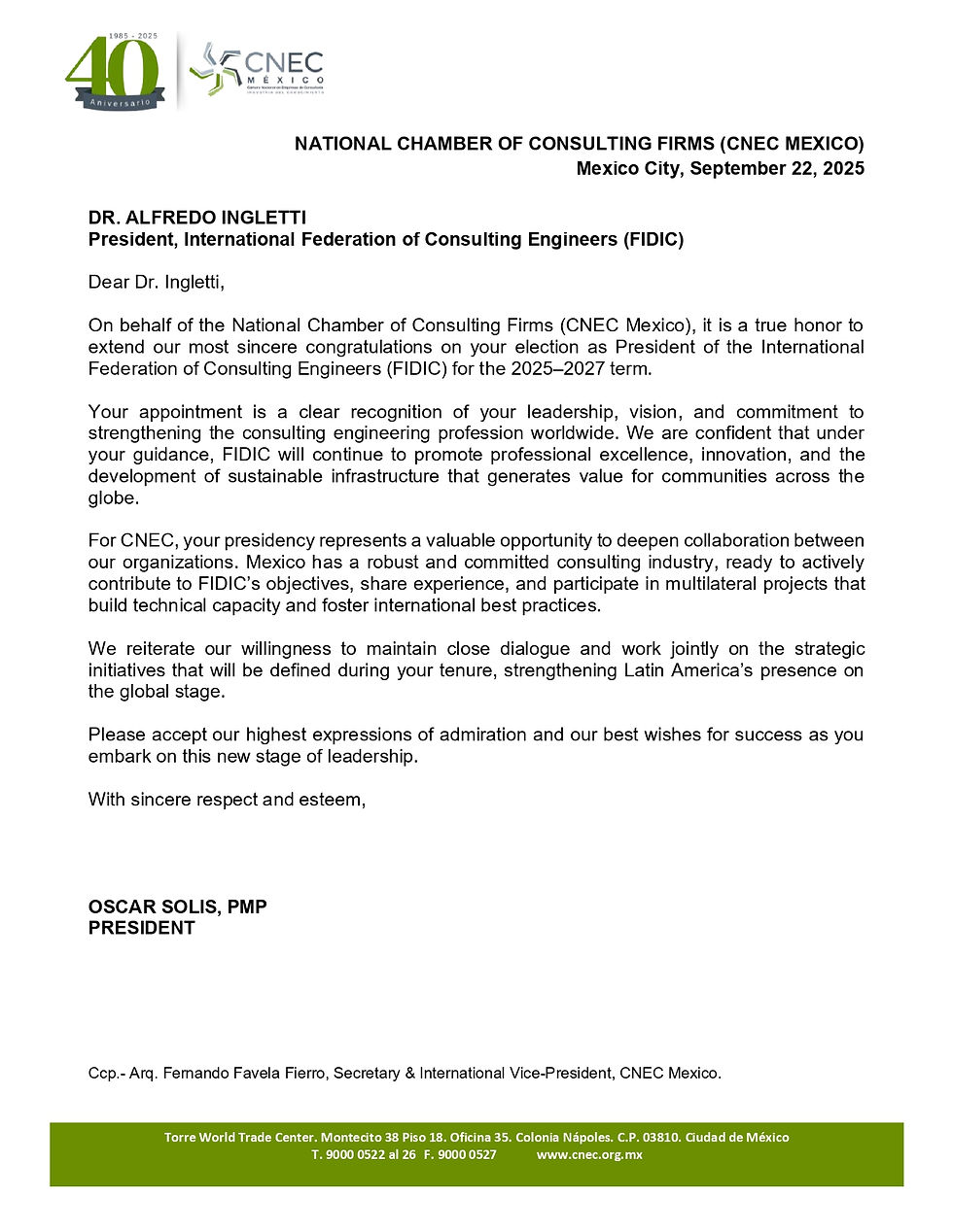 Felicita CNEC al Dr. Alfredo Ingletti por su elección como Presidente de FIDIC (2025-2027)
