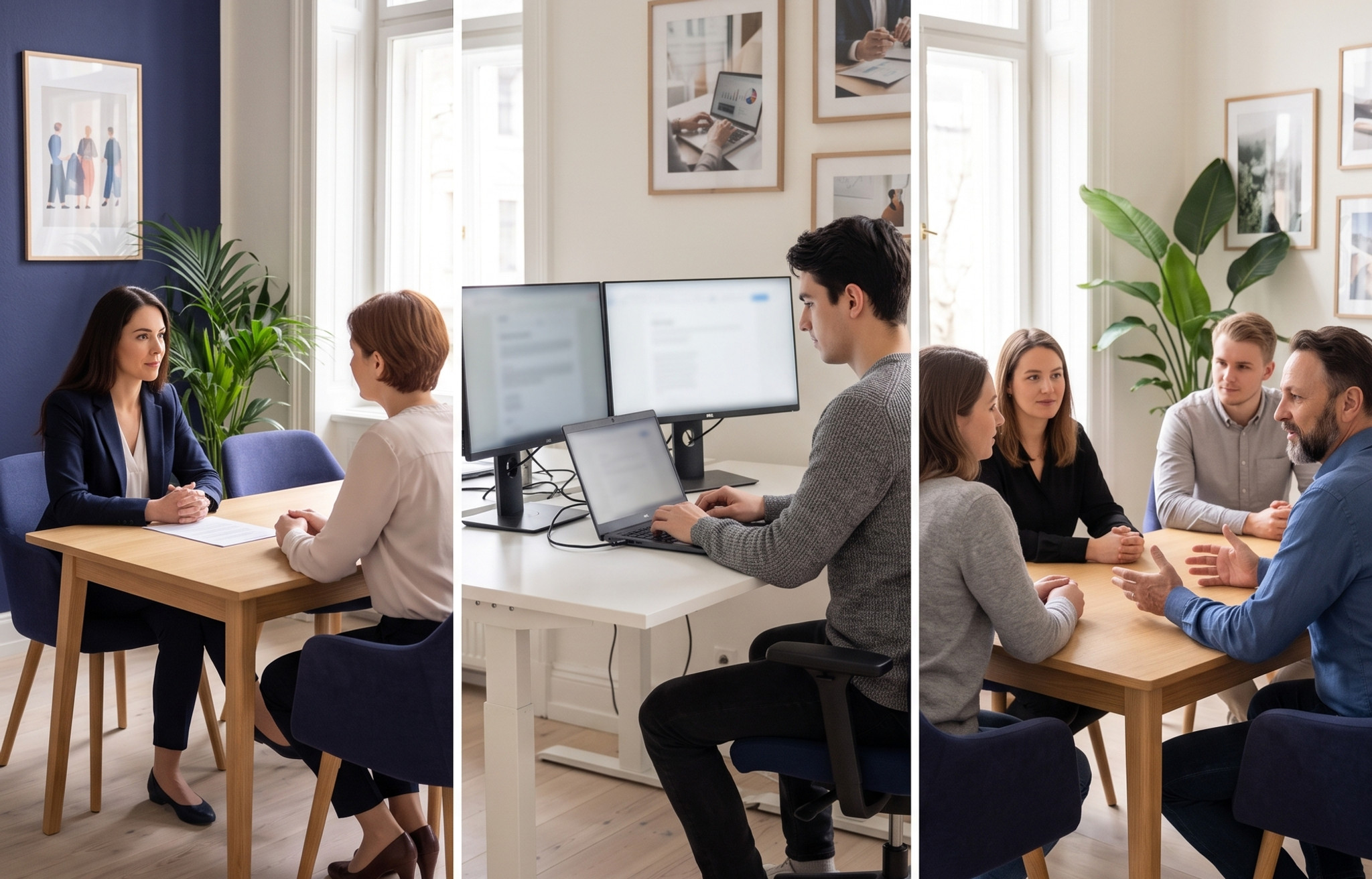 Drieluik dat in een kmo het sollicitatiegesprek, de productie van HR-marketingcontent en het teamoverleg achter het werkgeversmerk onderscheidt