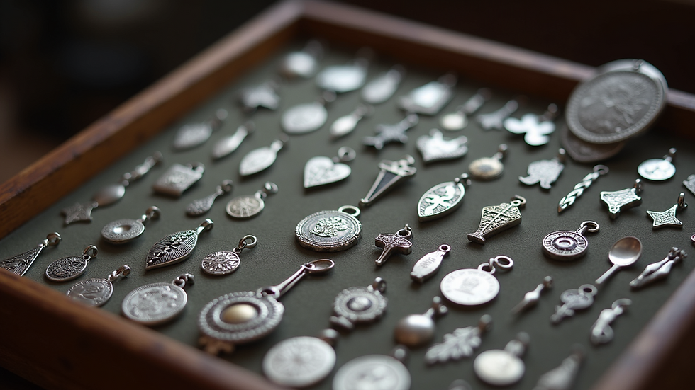 High angle view of organized silver charm collection