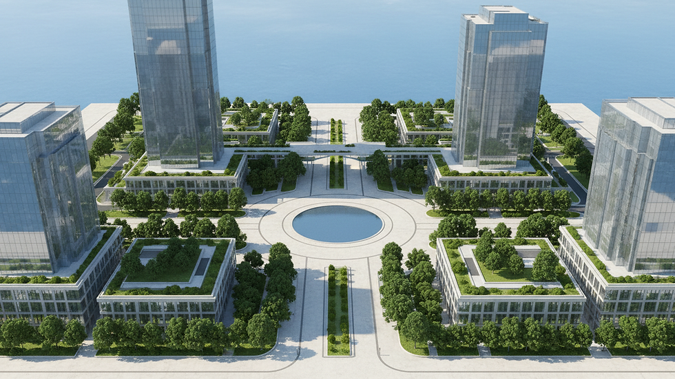 High angle view of a 3D animated urban development model