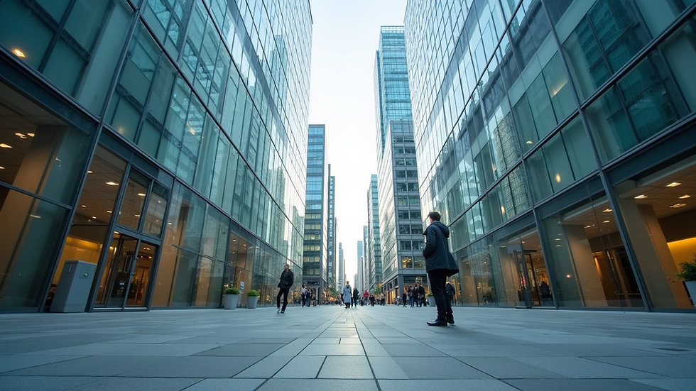 Eye-level view of modern office building exterior with glass facade