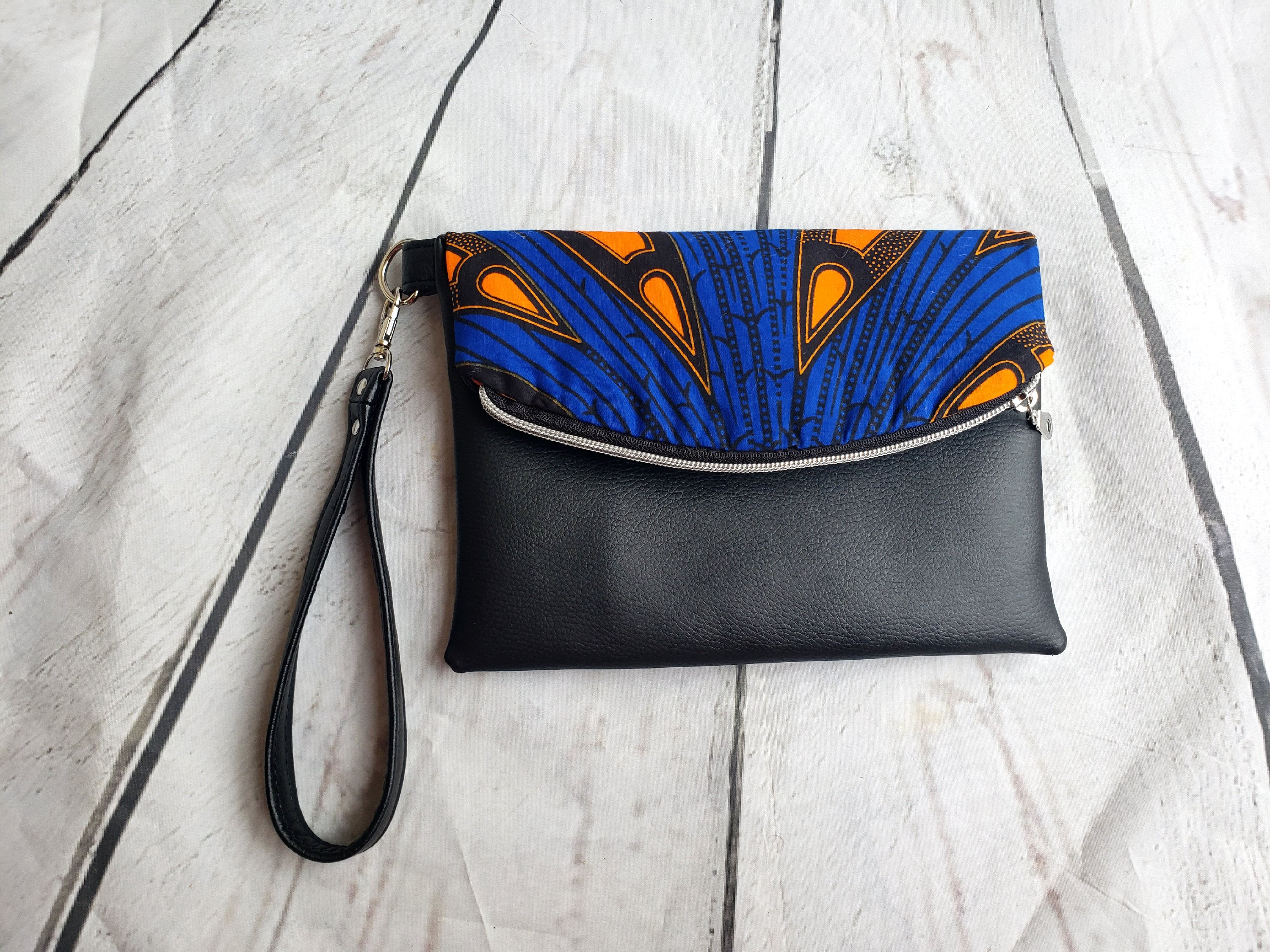 Blue and Black Ankara Foldover Clutch Wristlet