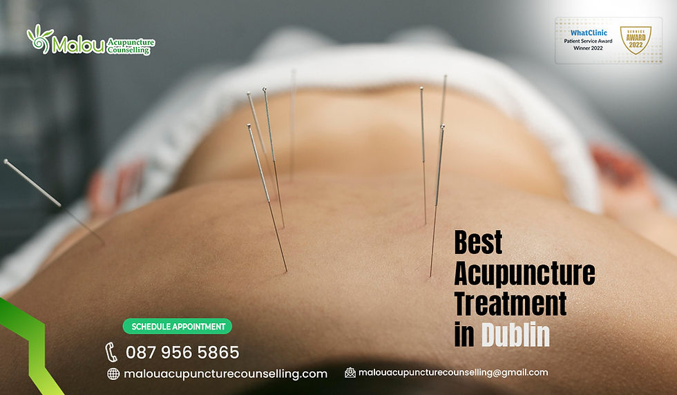 Acupuncture needles in back, Best Acupuncture Treatment text overlay, logo and contact info present, serene clinic setting.