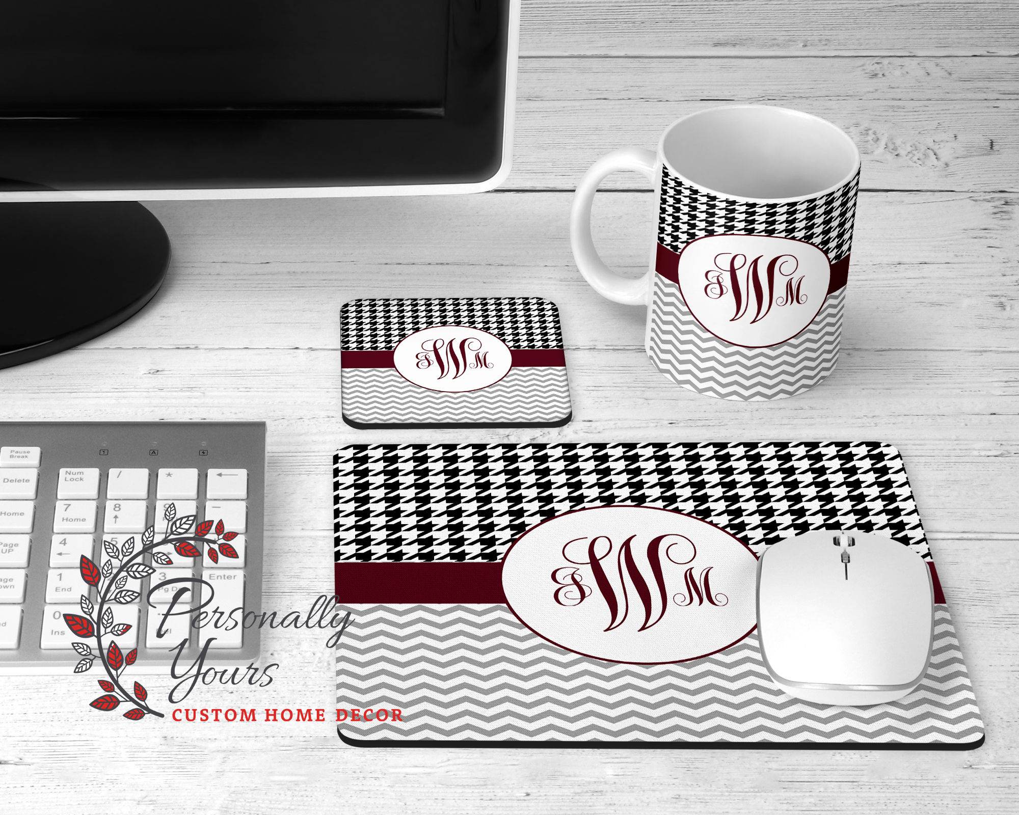 "Black Houndstooth Grey'Â Chevron n Burgundy Circle'Â Monogram" Desk Set