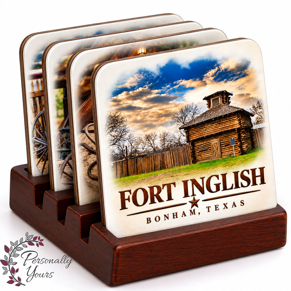Fort Inglish Bonham Texas four-piece coaster set with wooden display holder featuring local photography by John Torres