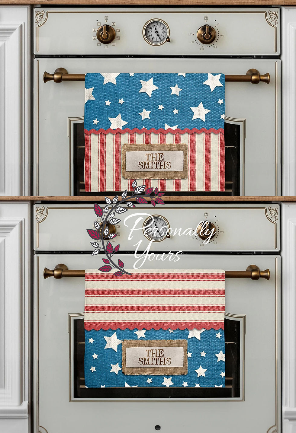 Americana farmhouse kitchen towels with personalized family name and patriotic red white and blue stars and stripes design