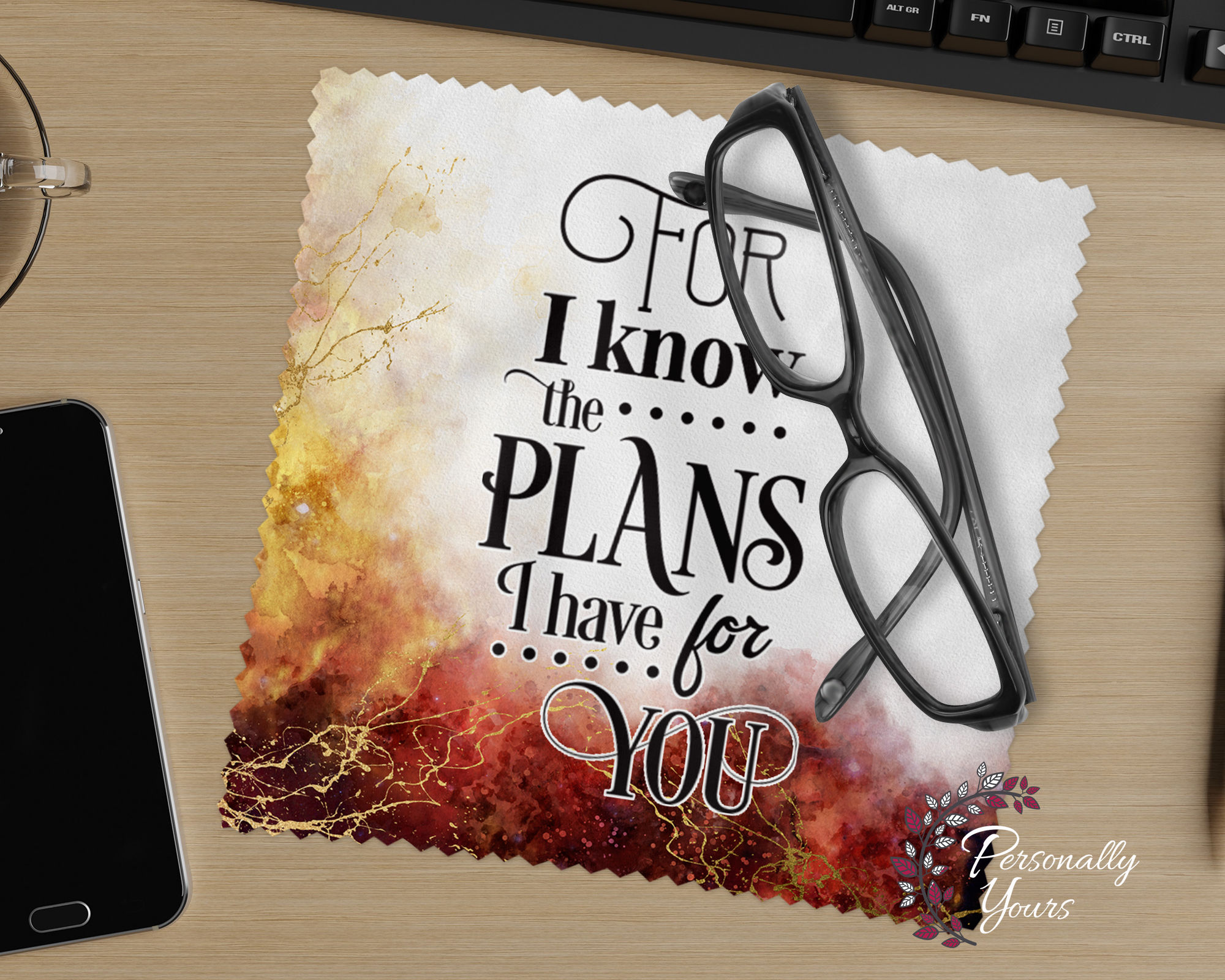 Scripture microfiber cleaning cloth with Jeremiah 29:11 quote and warm watercolor design