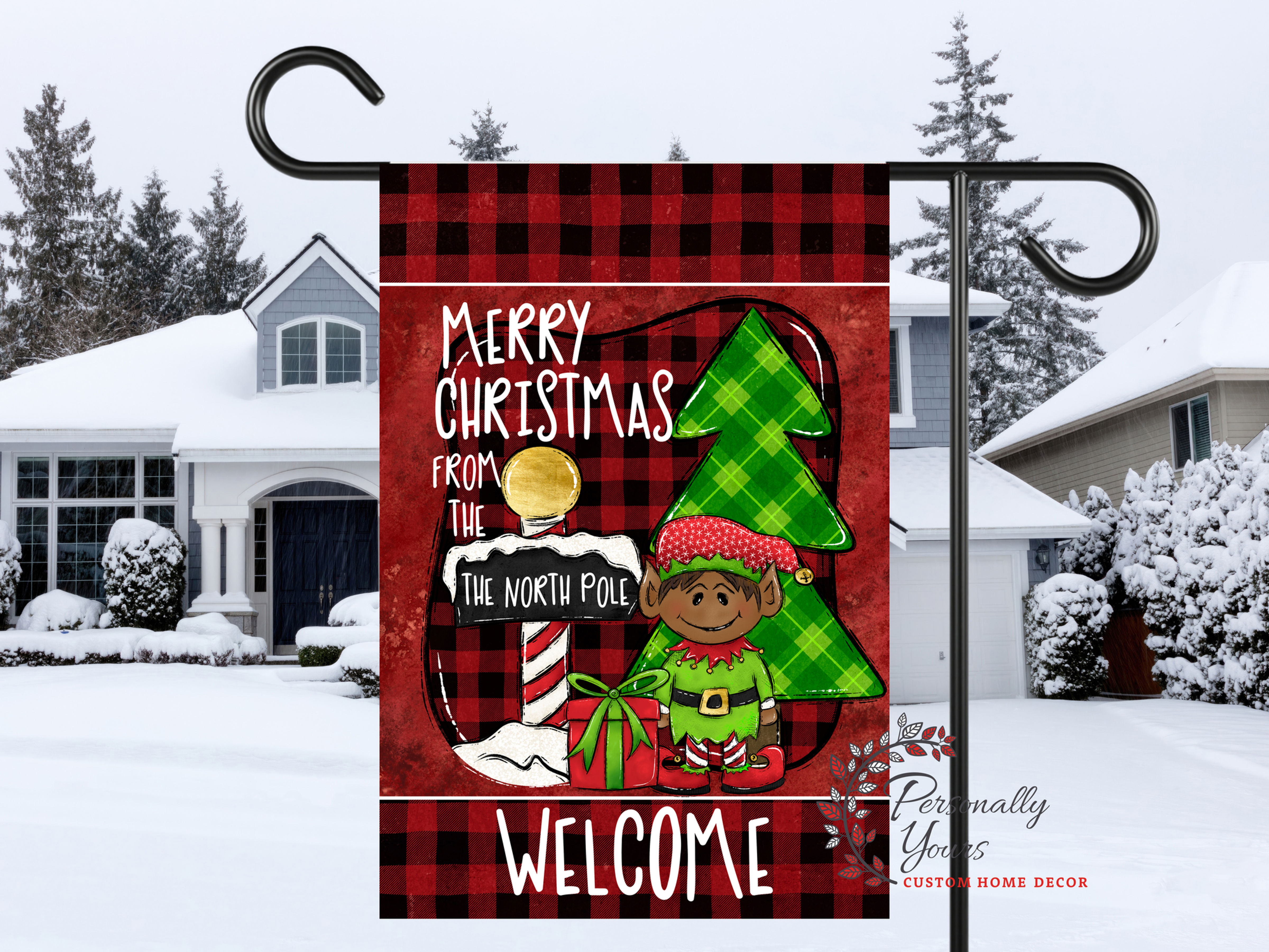 "Buffalo Plaid Christmas Elf North Pole Mailbox - Welcome" Holiday Yard Flag
