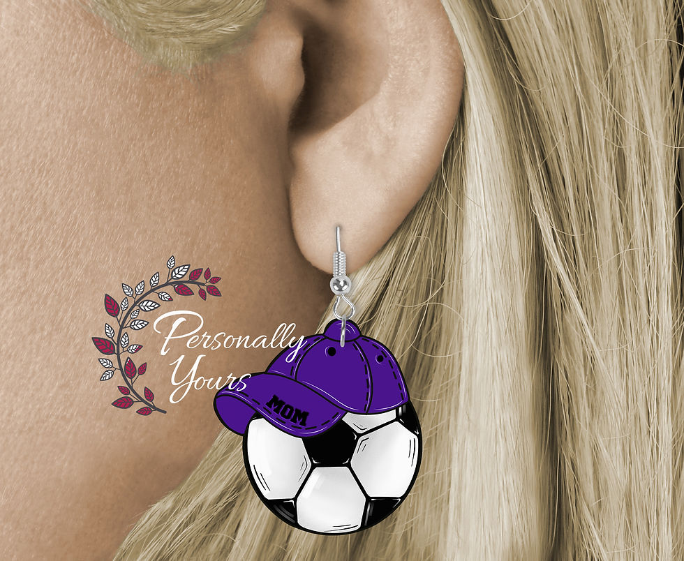 Thumbnail: Purple soccer mom earrings with hat and ball design.