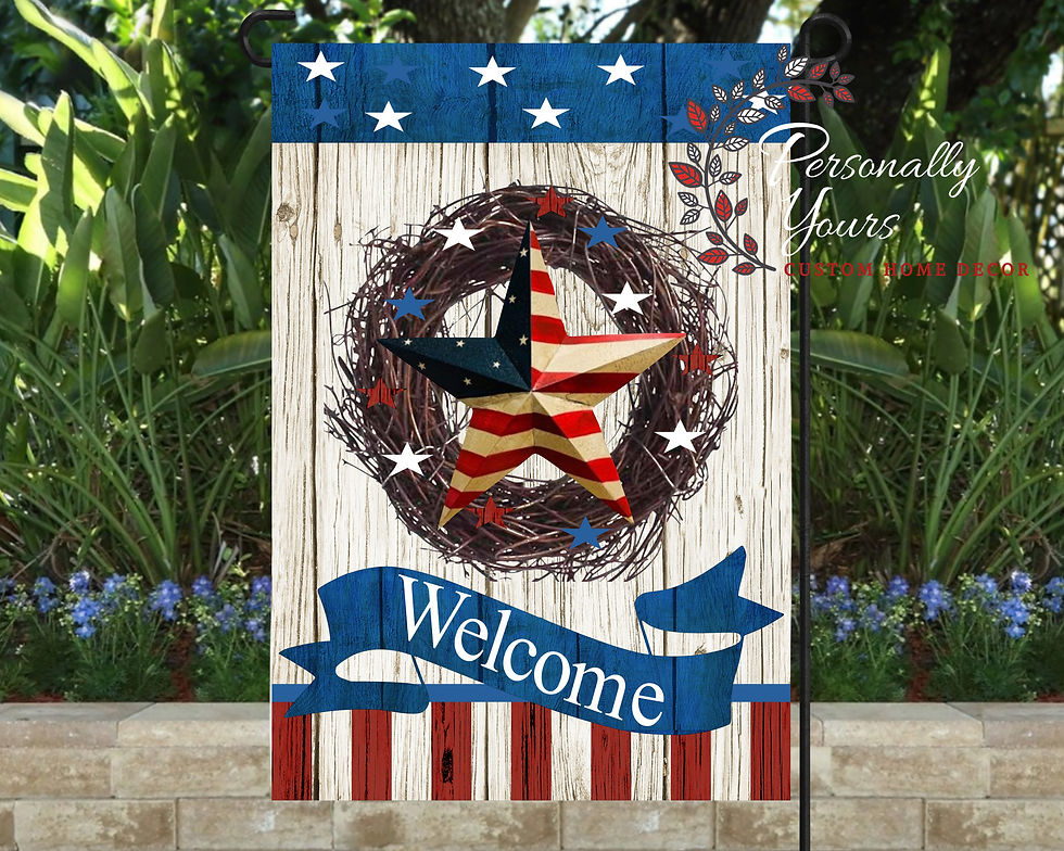 Rustic patriotic welcome yard flag with Americana star wreath design and farmhouse red white and blue wood background