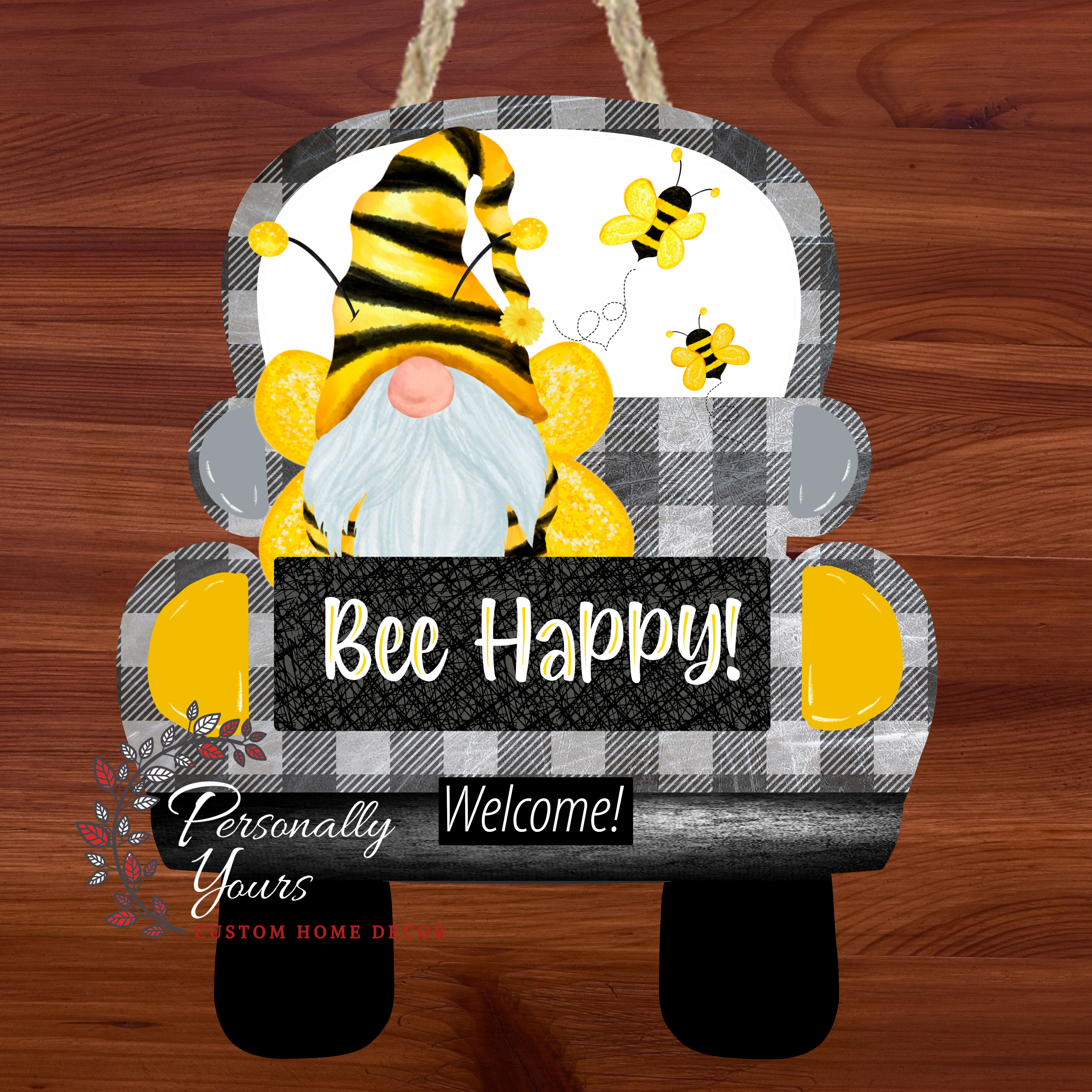 "Bee Happy Gnome - Welcome" Truck Door Hanger