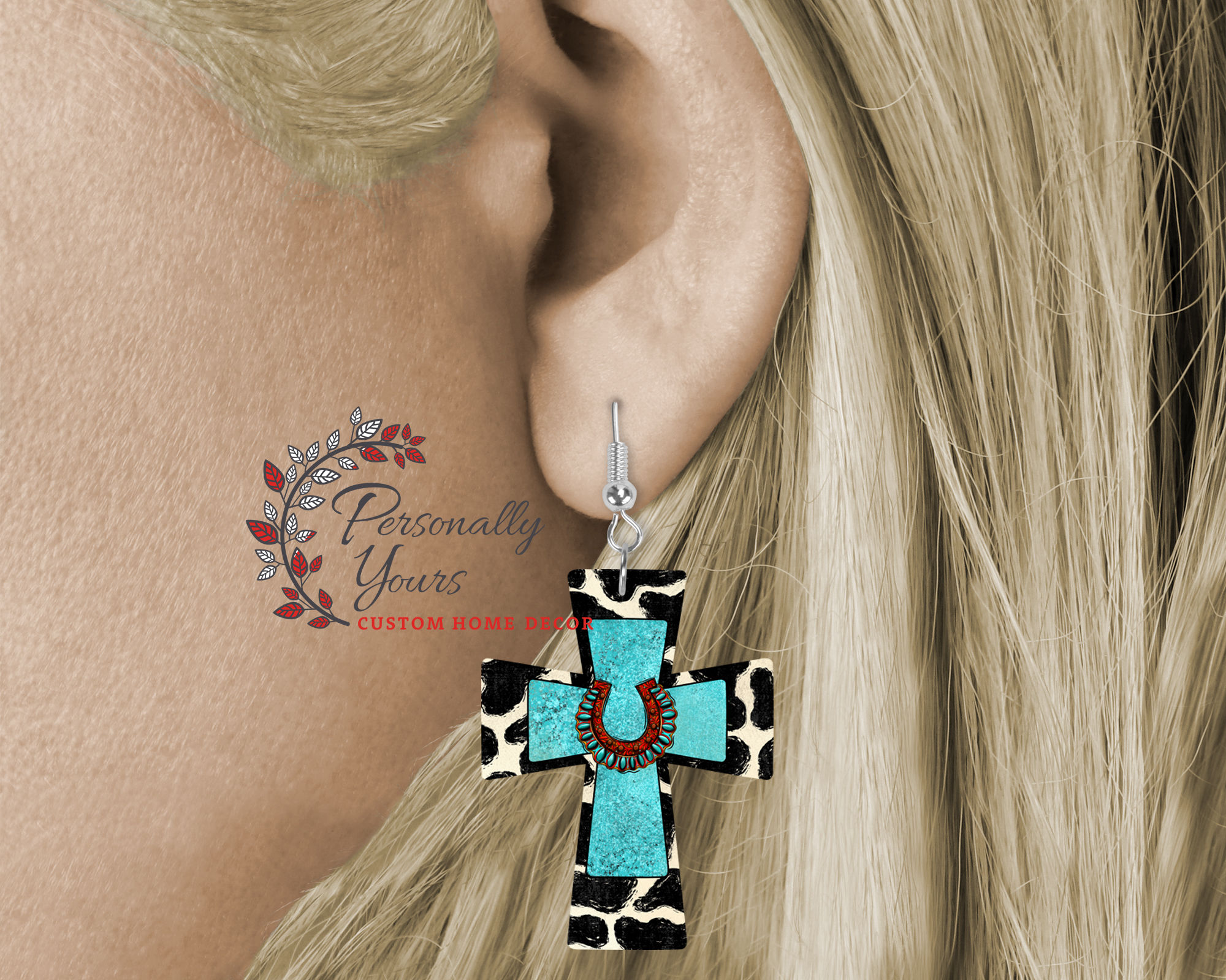 "Turquoise n Black Cowhide Horseshoe" Cross Earrings