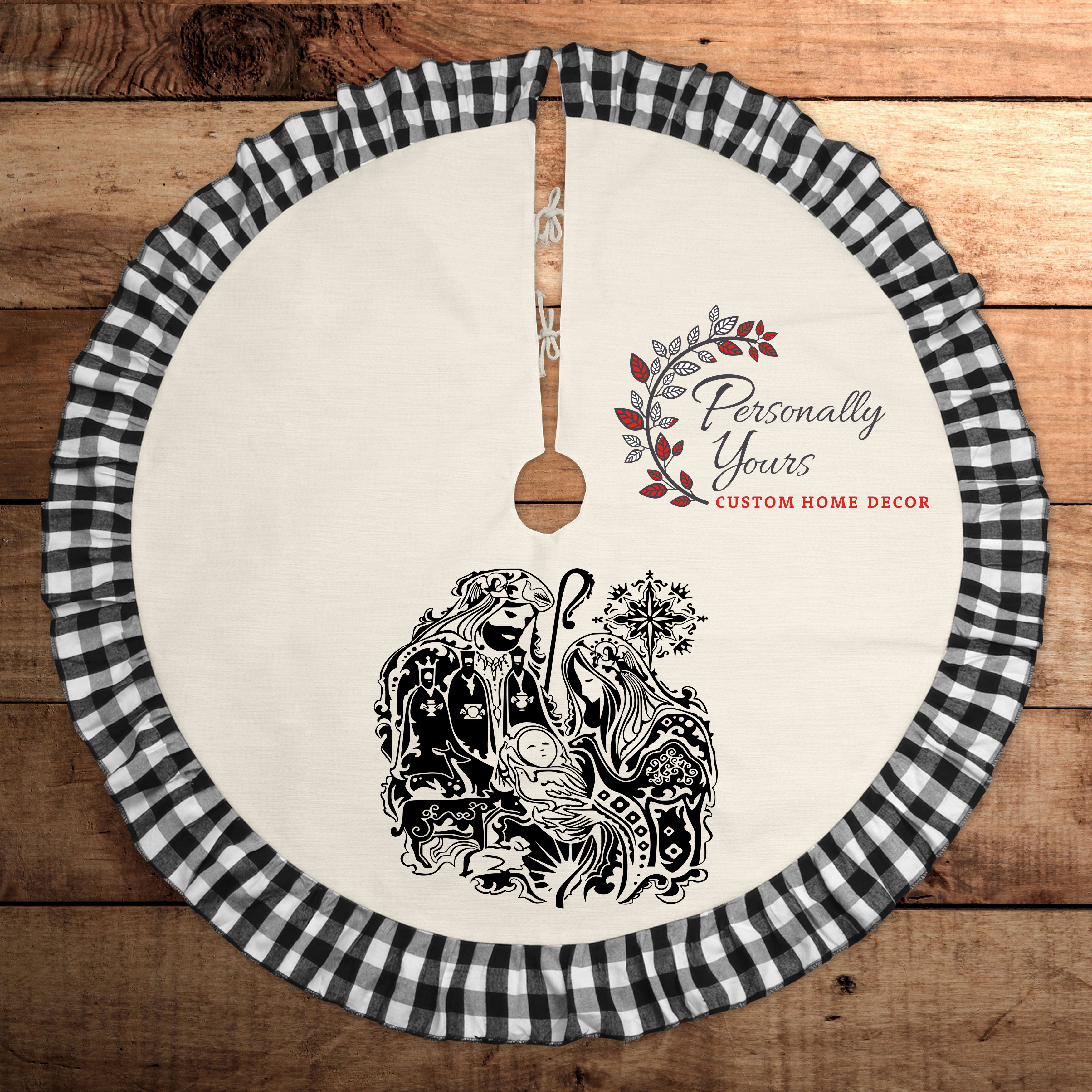 "Intricate Nativity White Buffalo Plaid" Christmas Tree Skirt