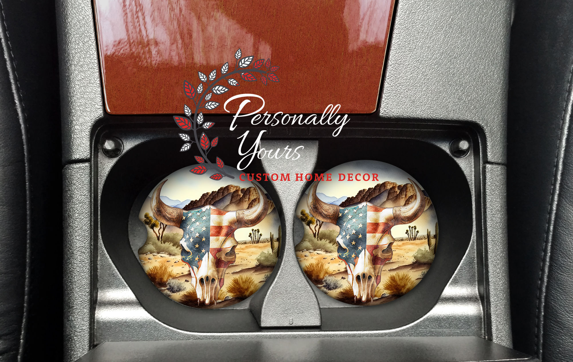 "Texas American Bull Skull" Car Coaster Set