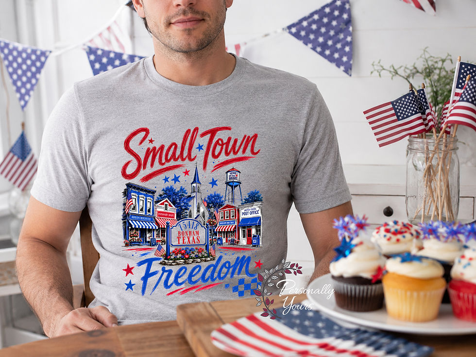 Heather grey Small Town Freedom Bonham Texas patriotic t-shirt