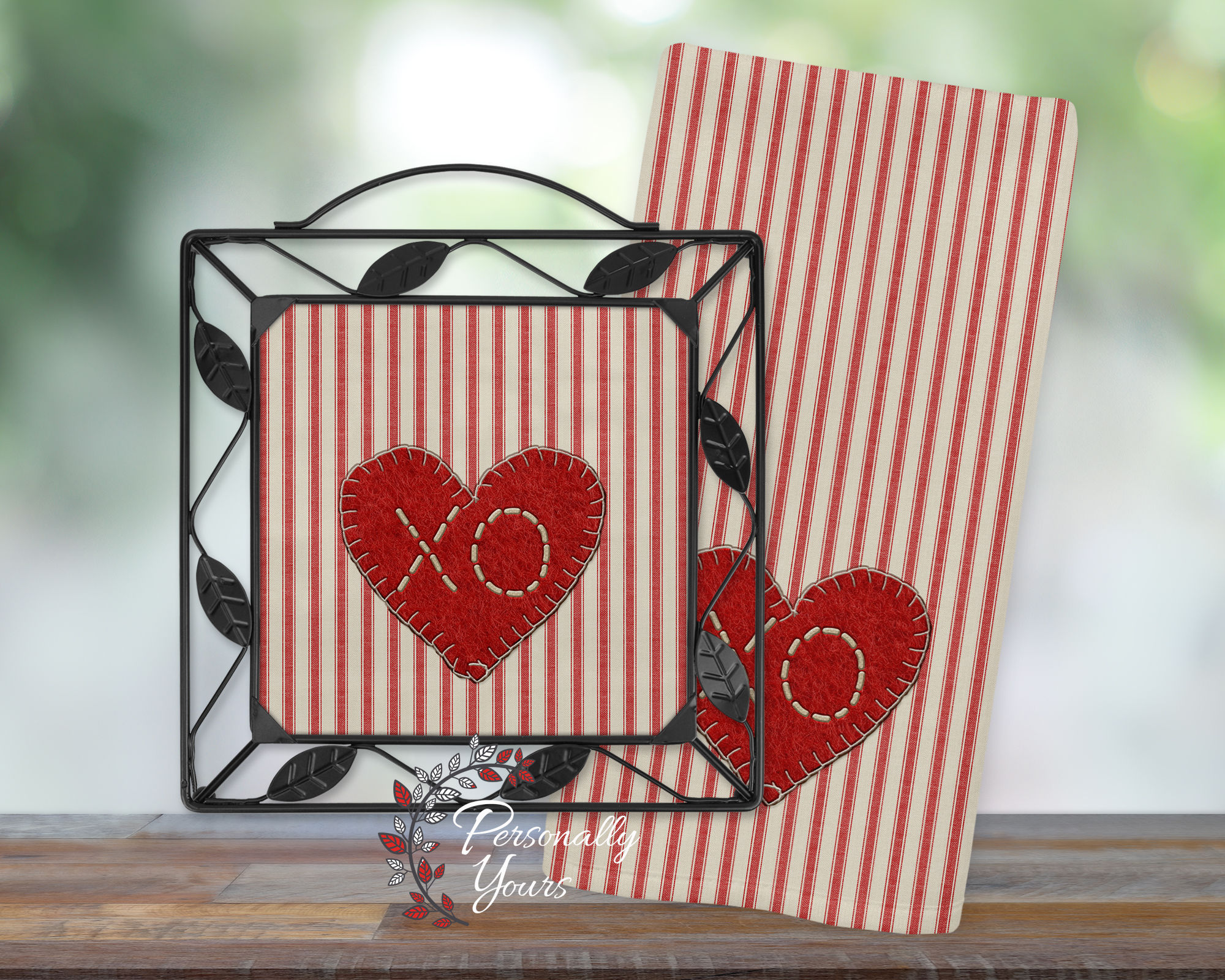 Ticking stripe XO Valentine ceramic trivet with felt heart design and coordinating kitchen towel