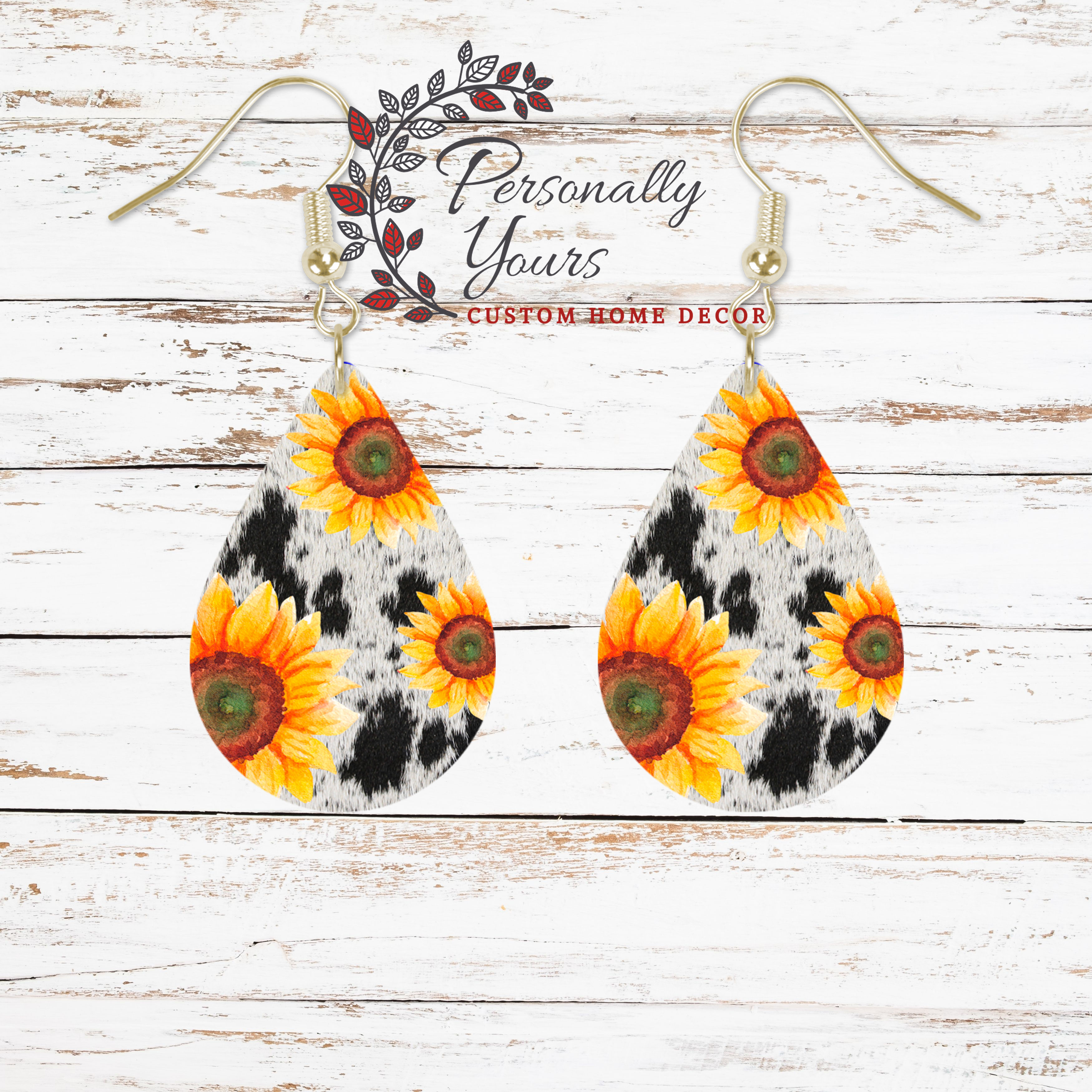 "Natural Black Cowhide n Sunflowers" Teardrop Earrings