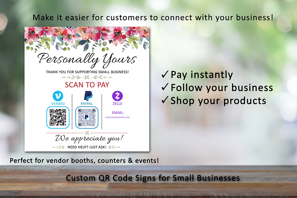 Custom QR code sign for small business showing pay follow and shop features for vendor booths and events