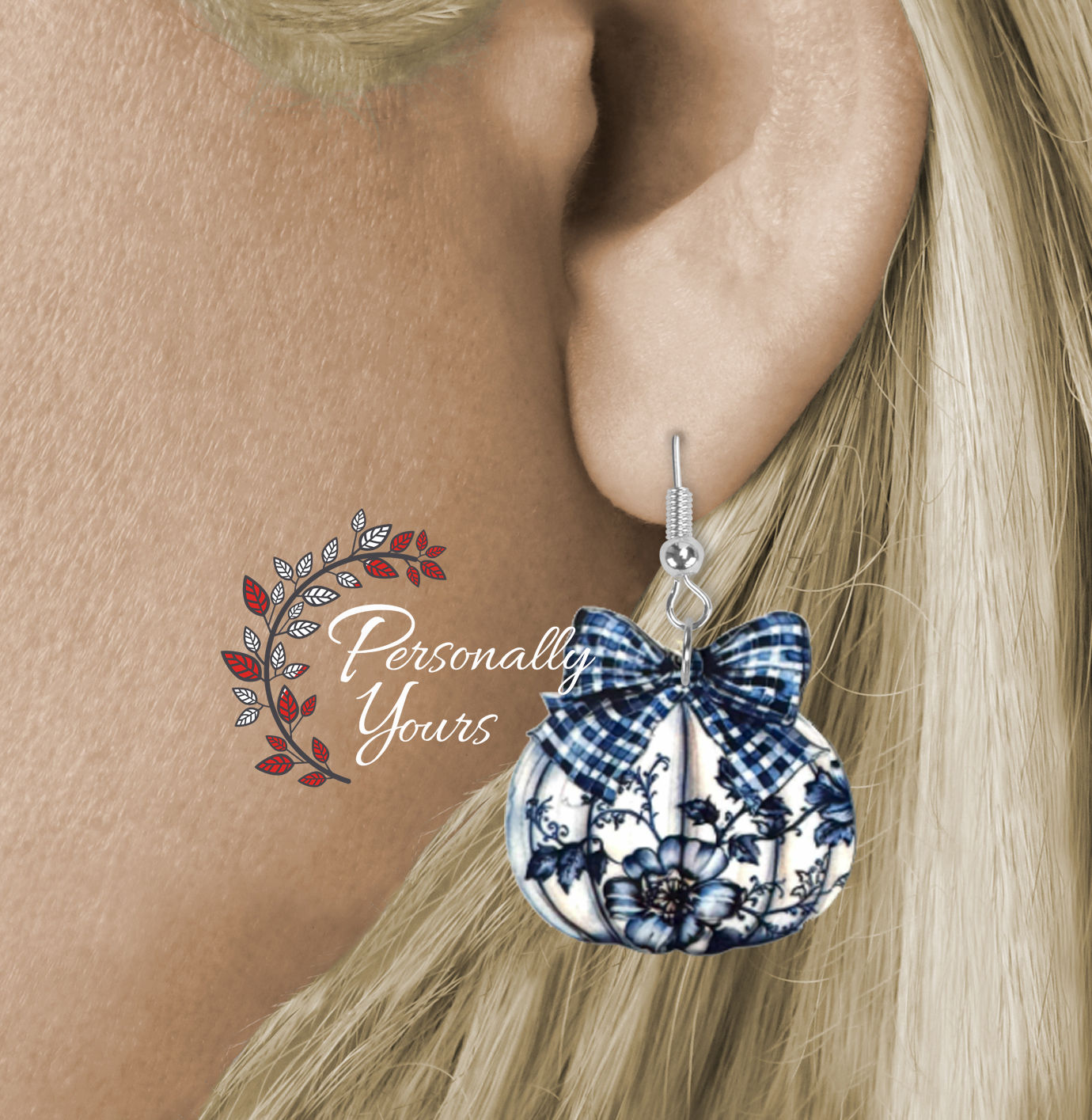 "Chinoiserie blue floral pumpkin earrings with plaid bow, lightweight fall accessory"