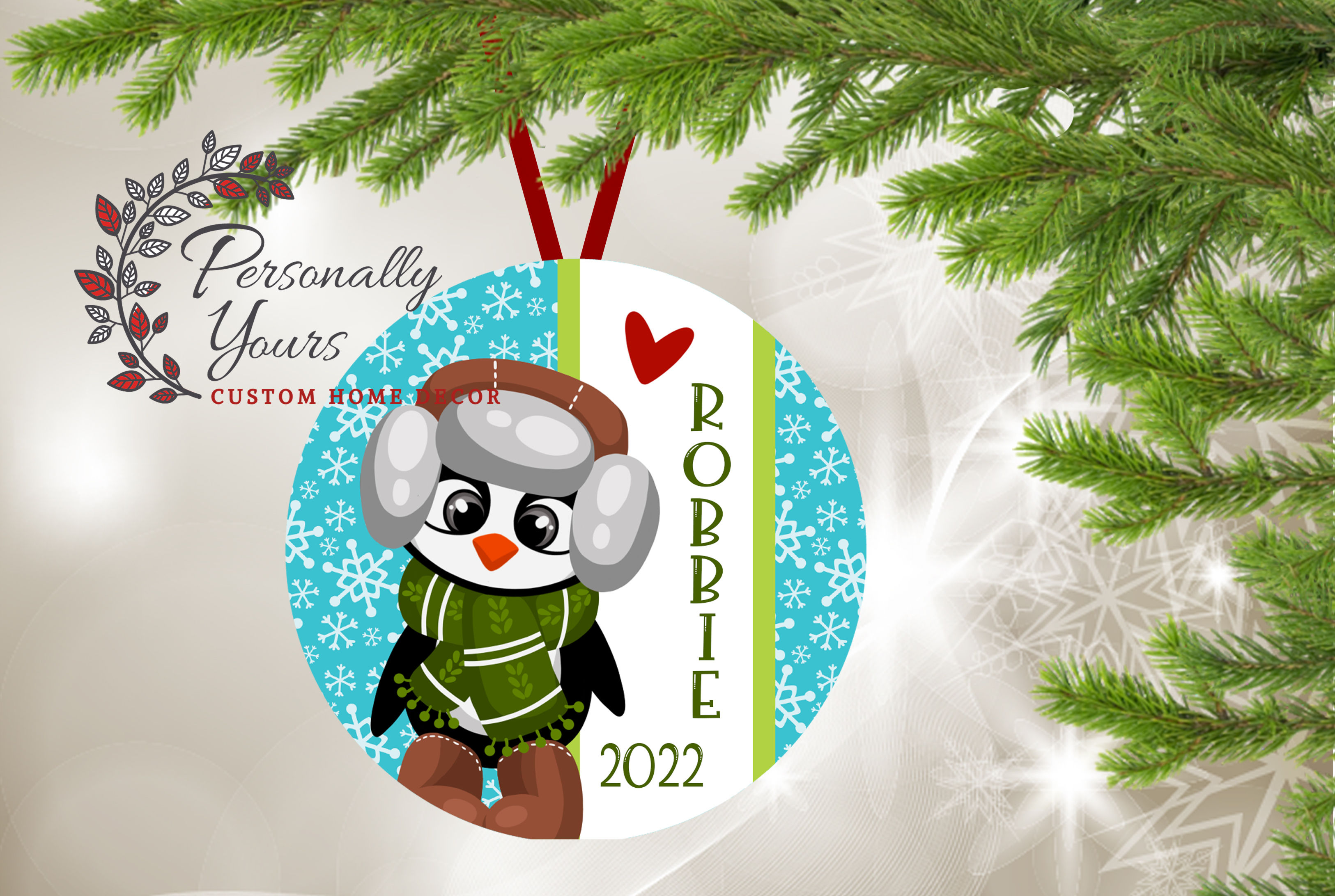 "Penguin Ready for Snow" Round Christmas Ornament
