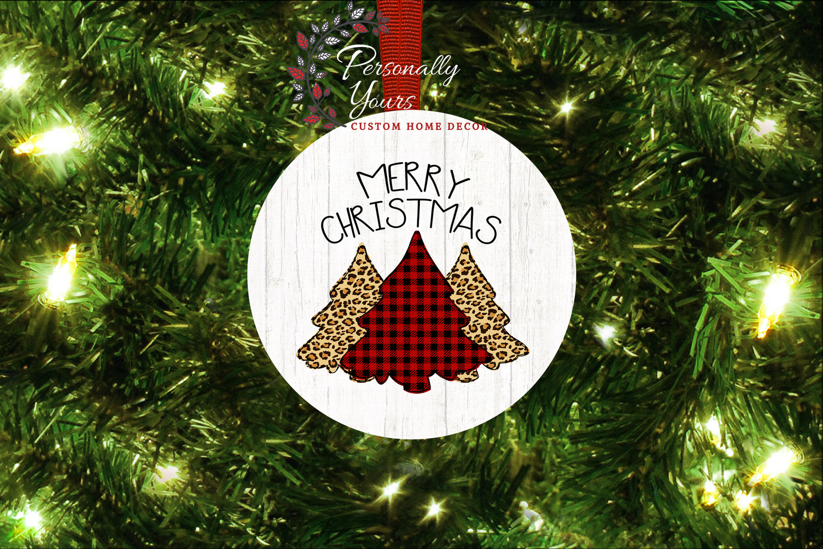 "Merry Christmas Cheetah n Buffalo Plaid Trees" Round Ornament