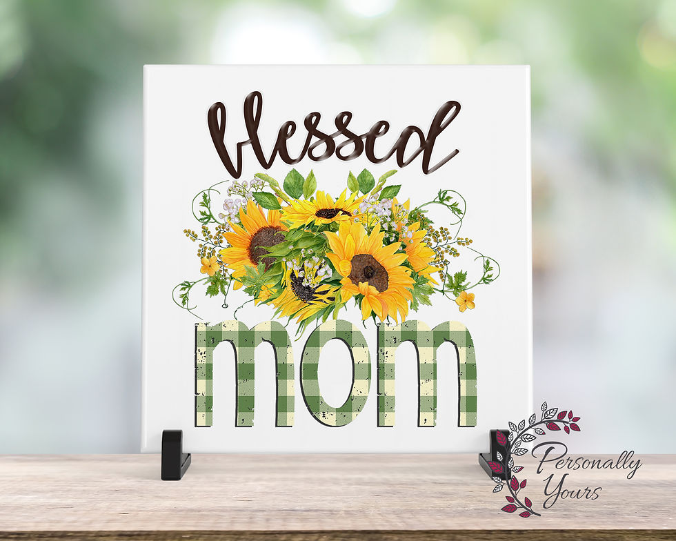 Blessed Mom sunflower ceramic tile farmhouse decor with green plaid lettering