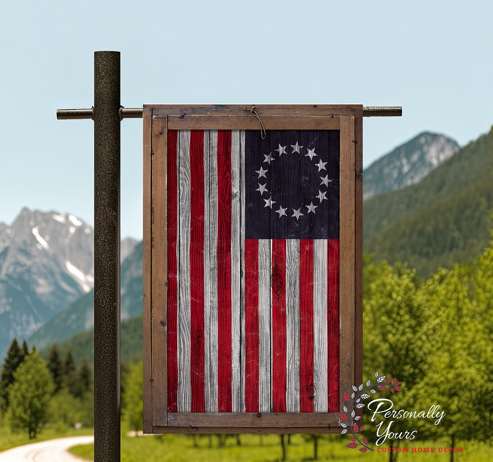 Rustic Betsy Ross patriotic yard flag with distressed red white and blue wood grain American flag design displayed outdoors