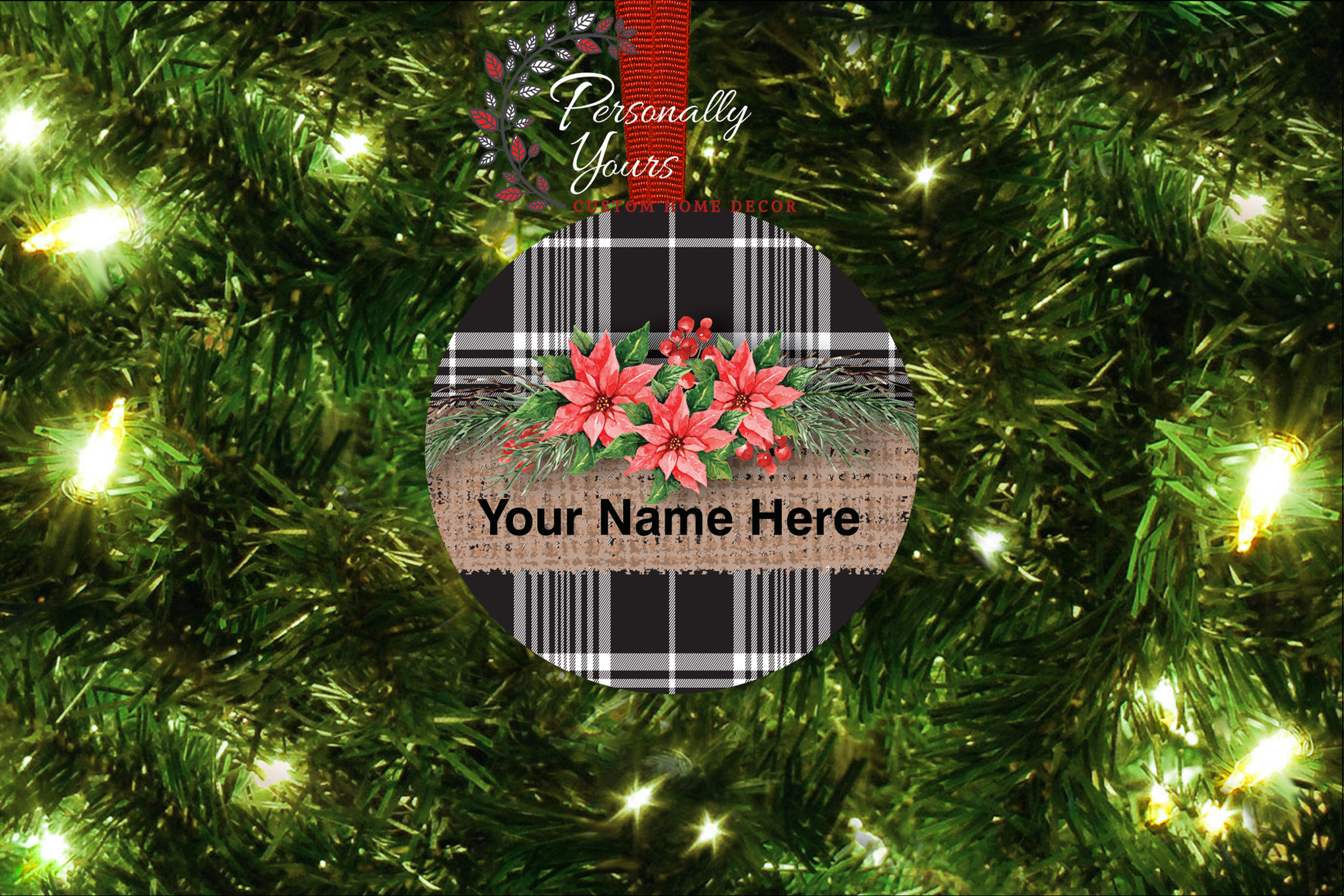 Personalized "Burlap n Poinsettias Plaid" Round Ornament
