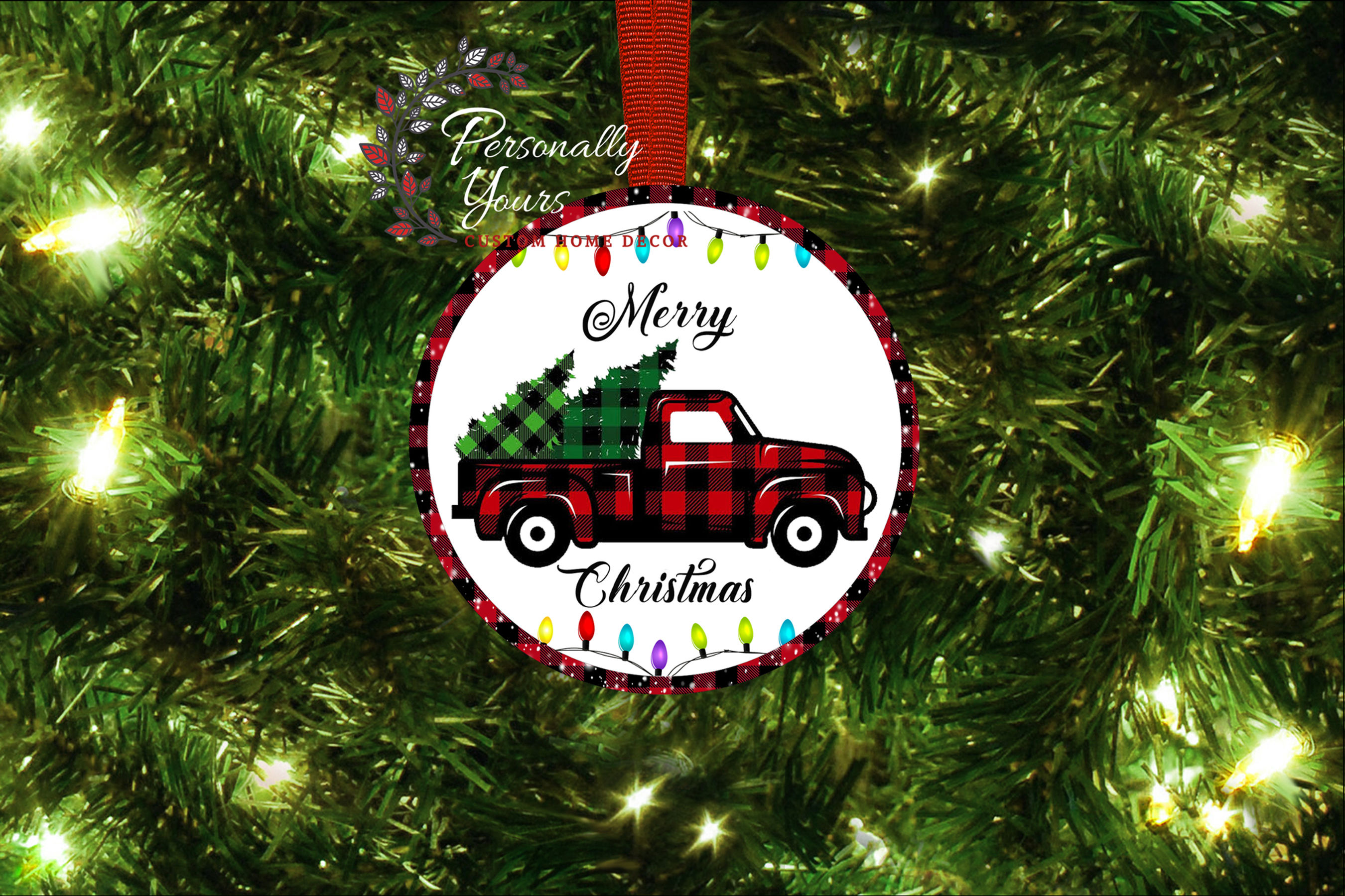 "Buffalo Plaid Truck with Lights" Round Ornament