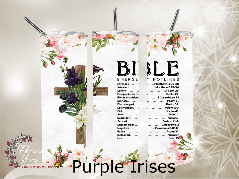 Thumbnail: "Bible Emergency Hotlines" Floral 20oz Skinny Tumbler